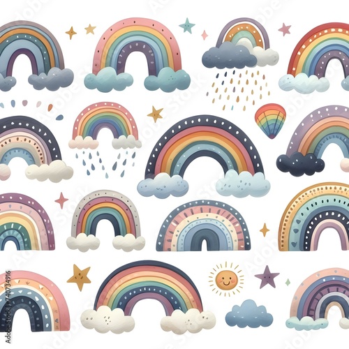 Cute rainbow, clouds, sun, stars, moon, rainbow and other elements. Vector illustration.