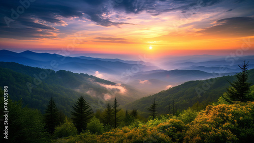 Breathtaking sunrise over misty mountains, embodying the serenity of AI Generative. #740735198