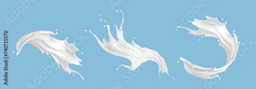 Milk splash set isolated on blue background. Natural dairy product, yogurt or cream splash. Moisturizing lotion, white cosmetics splashing.  Realistic vector illustration