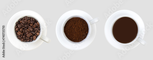 Set of paper take away cups of different black coffee isolated on white background, top view. Banner.