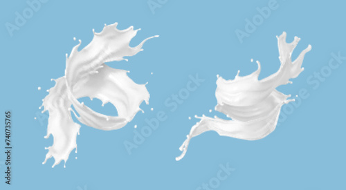 Twisted milk splashes isolated on blue background. Natural dairy product, yogurt or cream splash. Realistic Vector illustration