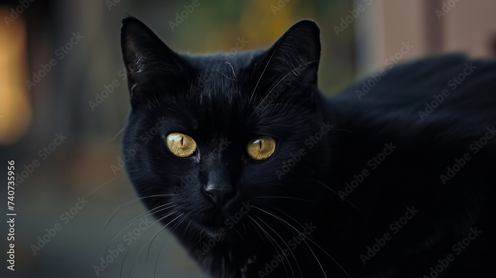 Enigmatic black cat with captivating golden eyes, a symbol of feline mystique, AI Generative.