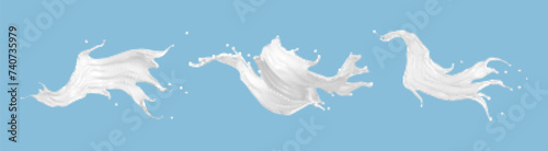 Milk splash set isolated on blue background. Natural dairy product, yogurt or cream splash. Moisturizing lotion, white cosmetics splashing.  Realistic vector illustration