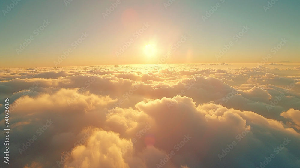 Fly Above Misty Clouds Sky Aerial View Of Beautiful Nature Sunny Spring Morning - obrazy, fototapety, plakaty 