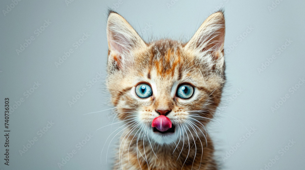 Cute little bengal kitten with blue eyes sticking out tongue.