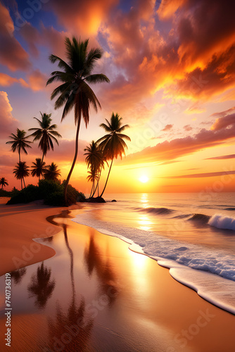 Palmeras en verano en una playa al atardecer. Preciosa playa con palmeras verdes con luz del atardecer. IA. © Shyla Marsare
