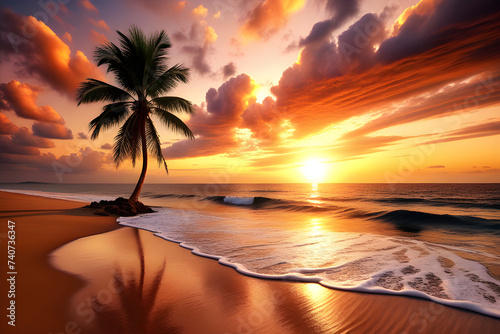 Palmera en verano en una playa al atardecer. Preciosa playa con palmera verde iluminada por luz del atardecer. Palmera junto a la playa. IA. photo