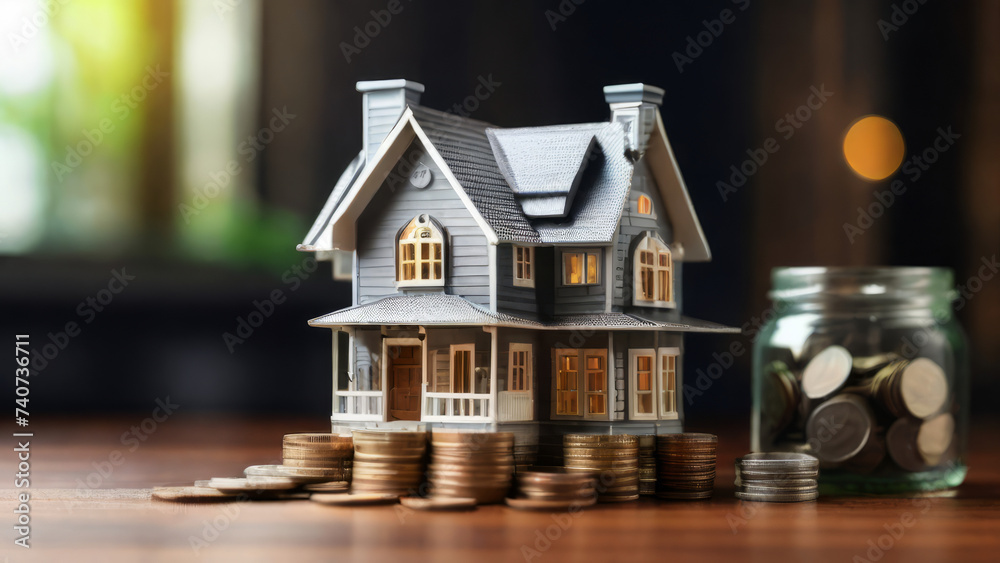 A mockup of a house with coins and paper money, the concept of investing in real estate and gaining wealth A mockup of a house with coins and paper money, the concept of investing in real estate and gaining wealth