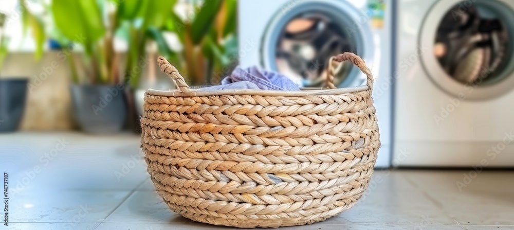 Fototapeta premium Laundry basket on blurred modern washing machine background with copy space, laundry room concept