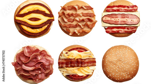 Burger with Cheese and Bacon: Mouthwatering Fast Food Meal Isolated in 3D Digital Art, Perfect for Restaurant Menus and Culinary Designs, Top View PNG Graphic Illustration photo