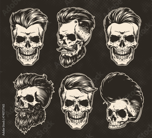 Skulls with hairstyles set stickers