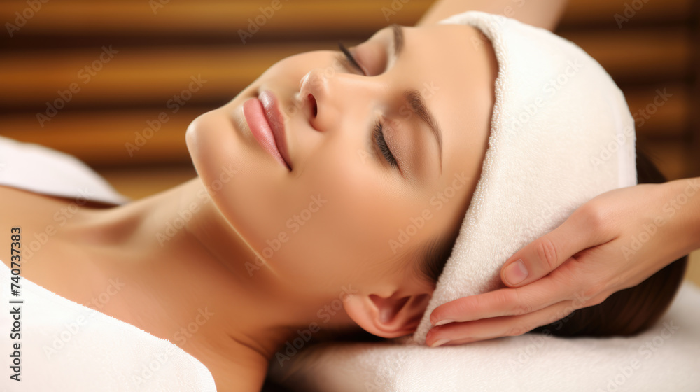 Face of a beautiful girl in a spa. Head massage, complete relaxation