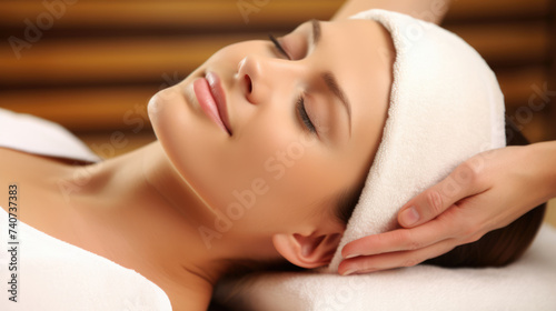 Face of a beautiful girl in a spa. Head massage  complete relaxation