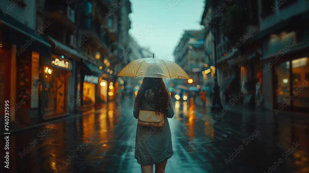 Obraz premium A girl walks down the street with an umbrella in rainy weather. Bokeh effect. AI generative