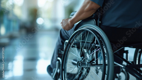 Close up of a disabled man sitting in a wheelchair at the hospital