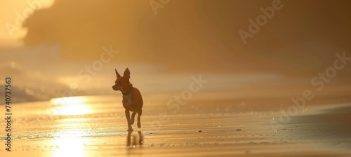 Energetic dog running on sandy beach, offering ideal space for creative text placement opportunities