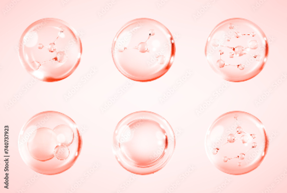 Molecules inside bubbles on pink background. Collagen serum bubble. Cosmetic essence. Concept skin care cosmetics solution. Vector 3d illustration Molecules inside bubbles on pink background. Collagen serum bubble. Cosmetic essence. Concept skin care cosmetics solution. Vector 3d illustration