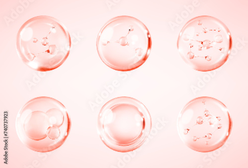 Molecules inside bubbles on pink background. Collagen serum bubble. Cosmetic essence. Concept skin care cosmetics solution. Vector 3d illustration