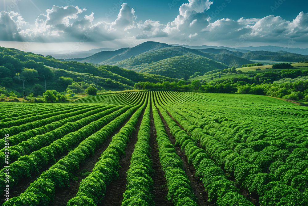 Lush green crop rows lead to rolling hills under a cloudy sky Lush green crop rows lead to rolling hills under a cloudy sky