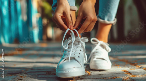 Close up of young woman tying shoelaces on her white sneakers .