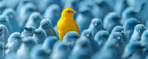 Unique yellow bird amongst blue birds represents individuality and standing out. Concept Wildlife Photography, Color Contrast, Individualism, Stand Out, Bird Watching photo