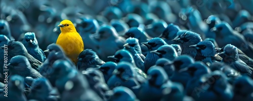 Standing Out: The Yellow Bird Amongst Blue Birds Representing Individuality and Courage. Concept Individuality, Courage, Standing Out, Yellow Bird, Blue Birds photo