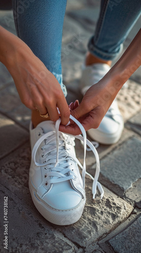 Cropped image of young woman tying shoelaces on sneakers outdoors © Art AI Gallery