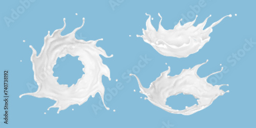 Milk splash set isolated on blue background. Natural dairy product, yogurt or cream splash. Realistic vector illustration