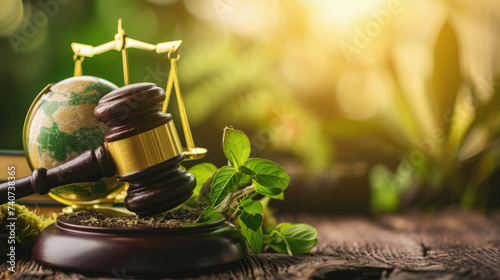 Mallet of justice, gavel and green plant on wooden table photo