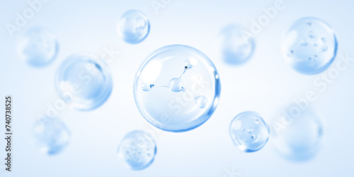 Molecule inside bubble on blue background. Blue collagen serum drops. Concept skin care cosmetics solution. Vector illustration
