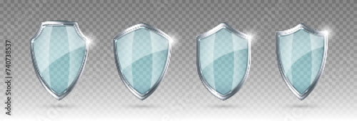 Set of glass shields. Protected guard shield concept. Safety badge icon. Privacy banner shield. Security safeguard label. Realistic vector illustration