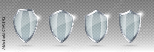 Set of glass shields. Protected guard shield concept. Safety badge icon. Privacy banner shield. Security safeguard label. Realistic vector illustration
