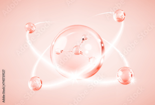 Moisturizer molecule or cosmetic serum. Skin care vitamin bubble. Pink collagen serum drop. Concept skin care cosmetics solution. Vector illustration
