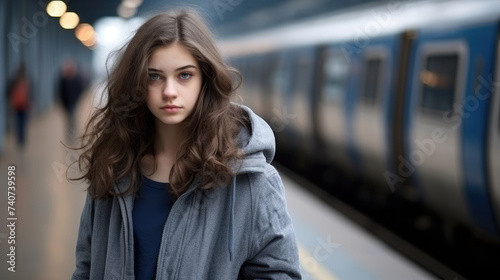 A young woman is looking at the camera. Beautiful girl in the subway