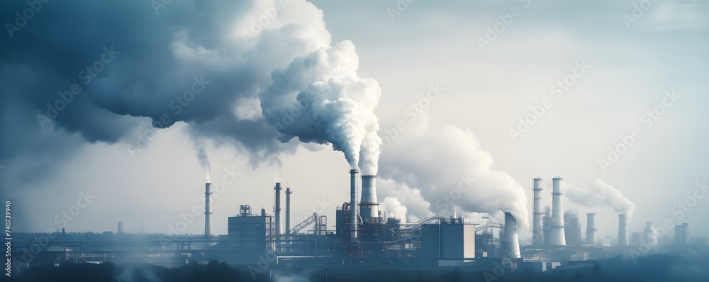 Smoke billows from industrial plant contributing to climate change and urban pollution. Concept Climate Change, Industrial Pollution, Environmental Impact, Air Quality, Carbon Emissions