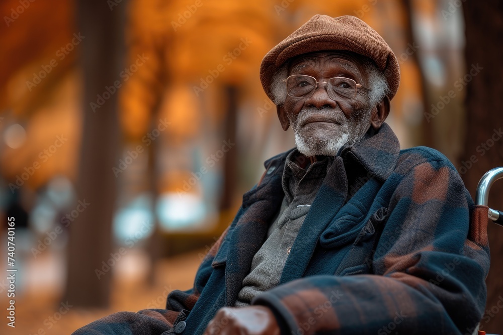 An elderly African American guy in a wheelchair who is retired. Ai generative