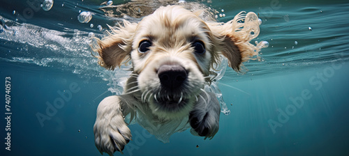 Underwater funny photo of a puppy trying to swim looking to the camera. dog swimming photo