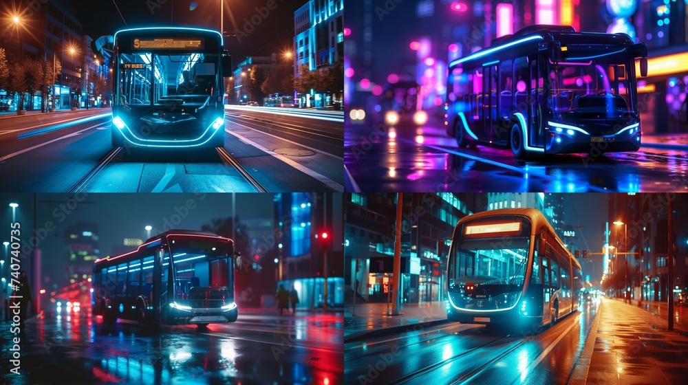 urban autonomous mobility city bus. Public transport. Autonomous electric bus self driving on night street