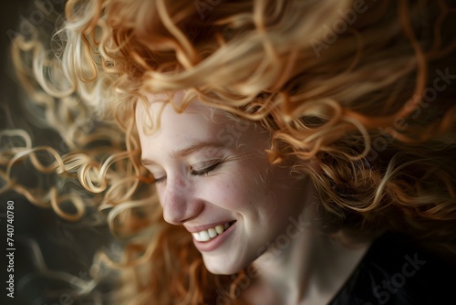 Blondehaired woman joyfully playing with her lovely curls smile on face. Concept Outdoor Photoshoot, Joyful Portraits, Playful Poses, Blondehaired Woman, Lovely Curls photo