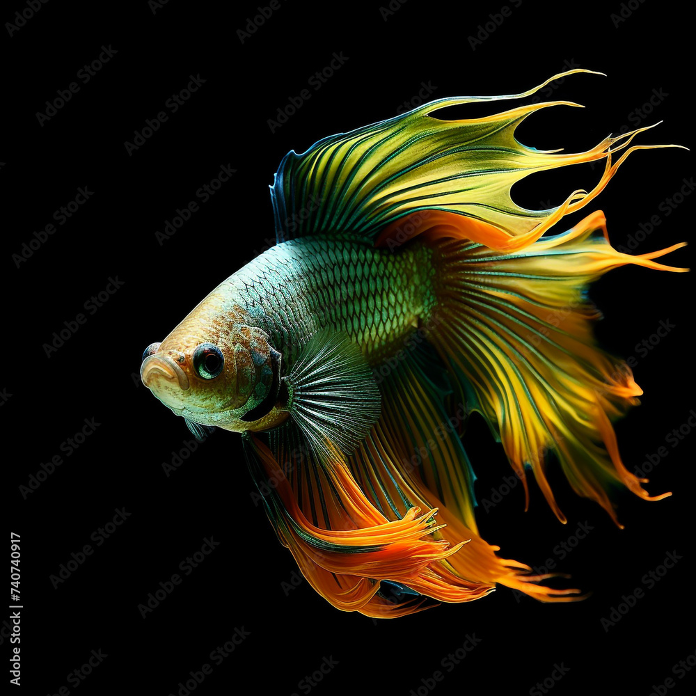 Fighting fish, yellow-green fighting fish with sparkling tails move gracefully and calmly against a dark background. Contrasting hues add a touch of fascination to their aquatic movements.