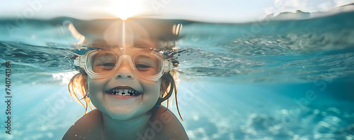 Cute child with goggles swimming underwater in sea