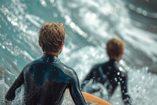 Close-up Two young schoolboys surfing and summing in the water. Ai generative © Mimix