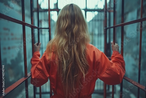 A woman with long blonde hair wearing an orange prison jumpsuit stands with her back to the camera, hands on the bars of a jail cell