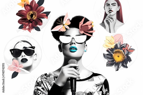 Fashion illustration with girl and microphone. Flowers on a woman's head. Illustration for a beauty podcast or event. Black and white illustration of a young woman wearing glasses