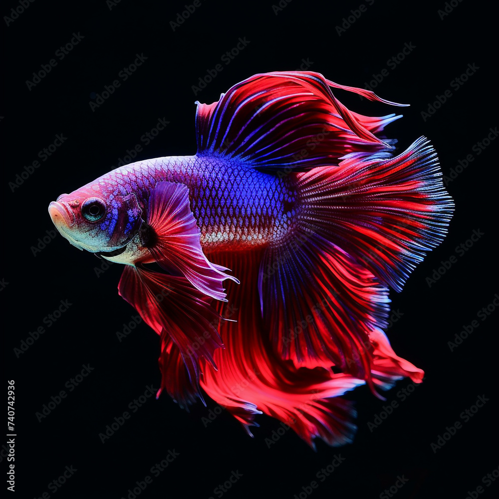 Fototapeta premium Fighting fish, a purplish-purple fighting fish with a sparkling red tail, moves gracefully and calmly against a dark background. Contrasting hues add a touch of fascination to their aquatic movements.