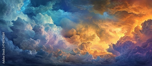 An artistic depiction of a vibrant sunset with colorful clouds in the sky, showcasing the beauty of natural landscape and atmosphere at dusk
