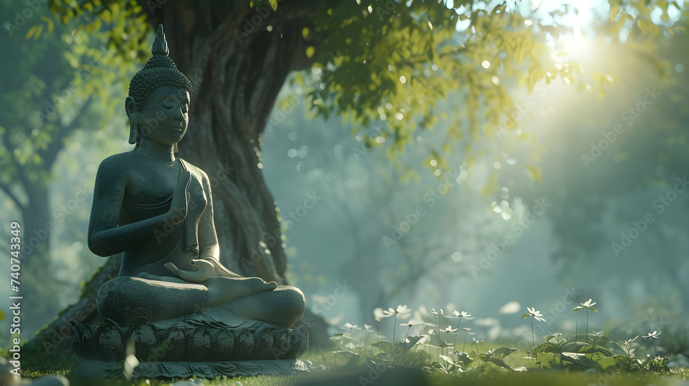 Buddha statue meditating near big tree. - obrazy, fototapety, plakaty 