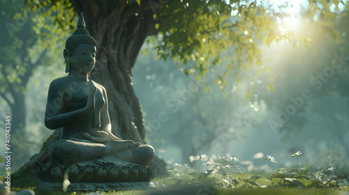Buddha statue meditating near big tree. photo