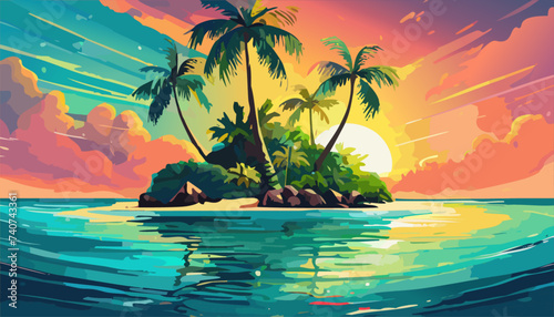Tropical island with palm trees on the sunset