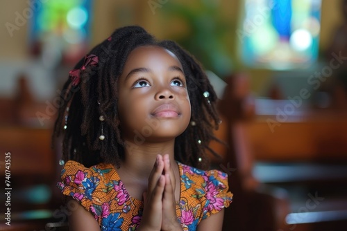 Adorable little African American child in church, asking for blessings from Jesus. Ai generative